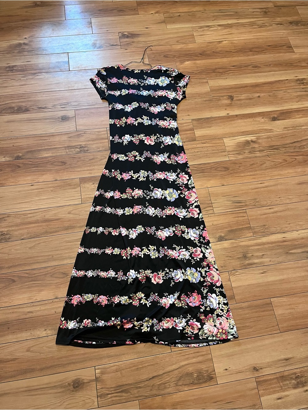 Vintage 1990s Black Midi Dress with Pink Floral stripes  and Tie Waist - Picture 3 of 5